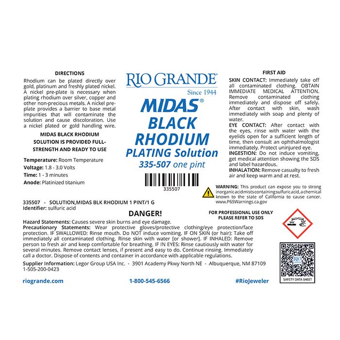 Midas Black Rhodium Plating Solution, Acid-Based - RioGrande