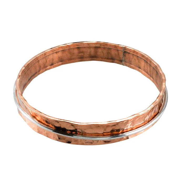 Copper Hammered Concave Bangle Bracelet with Sterling Silver