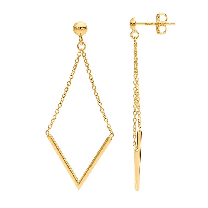 14K Yellow Gold HalfBall Post Earrings with "V" Chain Dangle RioGrande