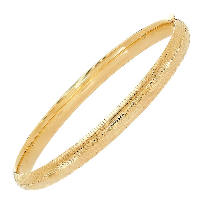 14K Yellow Gold Ribbon Texture Hinged Bangle Bracelet - RioGrande